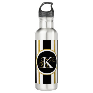 Personalized Elegant Black & Gold Stripes Monogram Stainless Steel Water Bottle