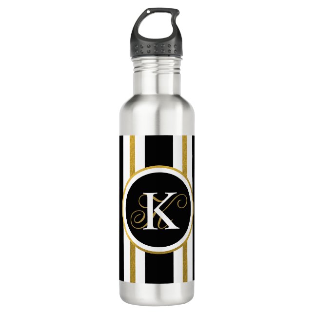 Personalized Elegant Black & Gold Stripes Monogram Stainless Steel Water Bottle (Front)