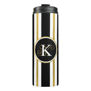 Personalized Elegant Black & Gold Stripes Monogram Thermal Tumbler