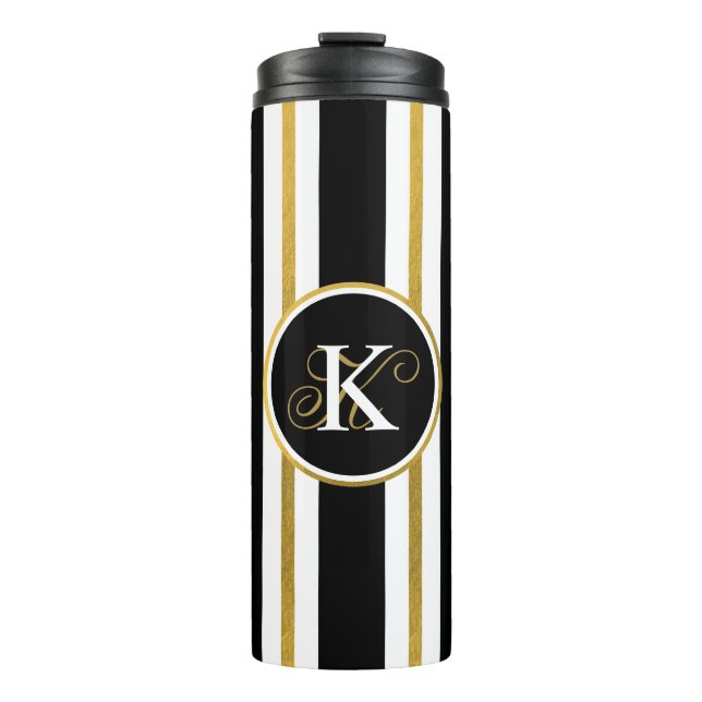 Personalized Elegant Black & Gold Stripes Monogram Thermal Tumbler (Front)