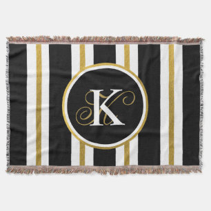 Personalized Elegant Black & Gold Stripes Monogram Throw Blanket