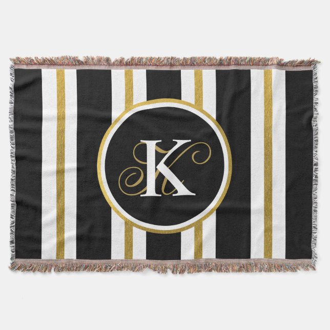 Personalized Elegant Black & Gold Stripes Monogram Throw Blanket (Front)