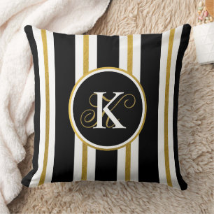 Personalized Elegant Black & Gold Stripes Monogram Throw Pillow