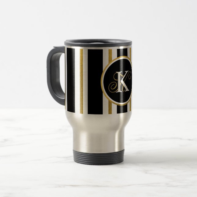 Personalized Elegant Black & Gold Stripes Monogram Travel Mug (Front Left)