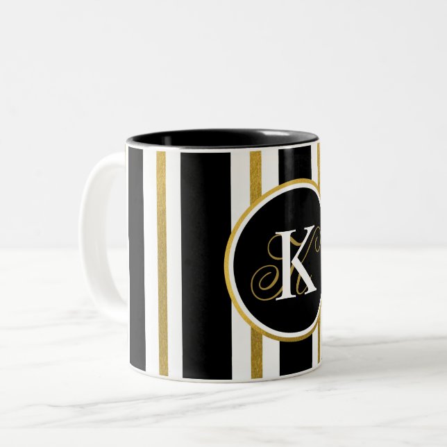 Personalized Elegant Black & Gold Stripes Monogram Two-Tone Coffee Mug (Front Left)