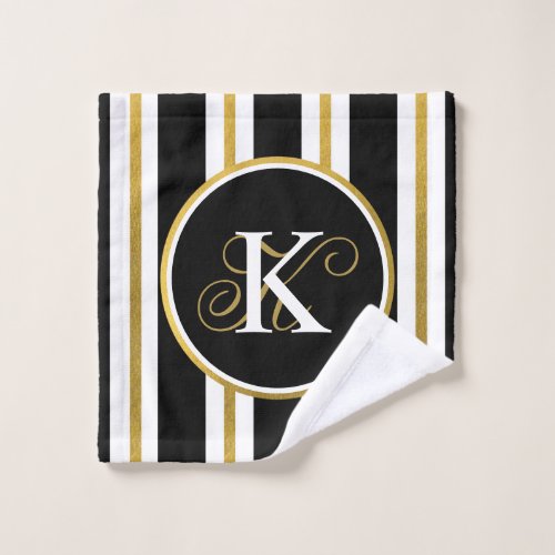 Personalized Elegant Black  Gold Stripes Monogram Wash Cloth