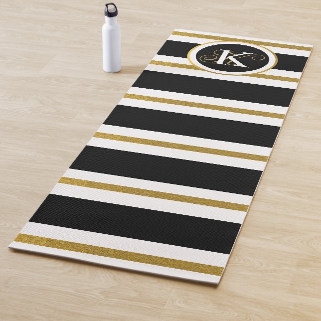 Personalized Elegant Black & Gold Stripes Monogram Yoga Mat (In Situ)