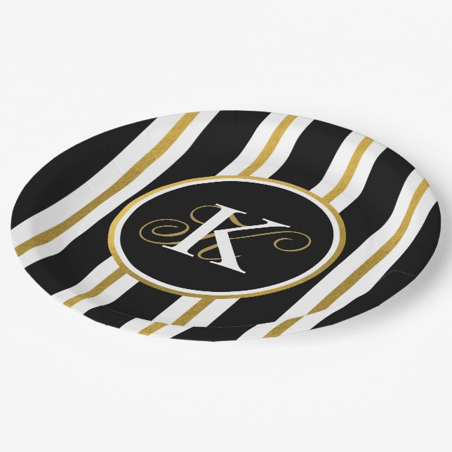 Personalized Elegant Black & Gold Stripes Paper Plates (Angled)
