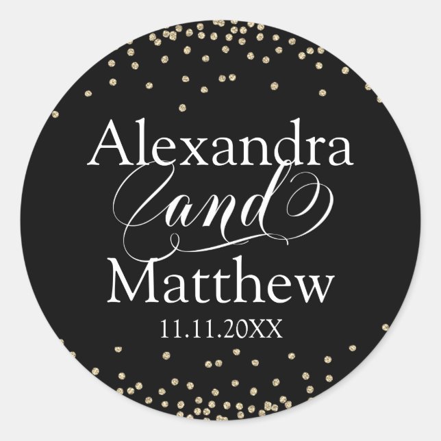 Personalized Elegant Black Gold Wedding Classic Round Sticker (Front)