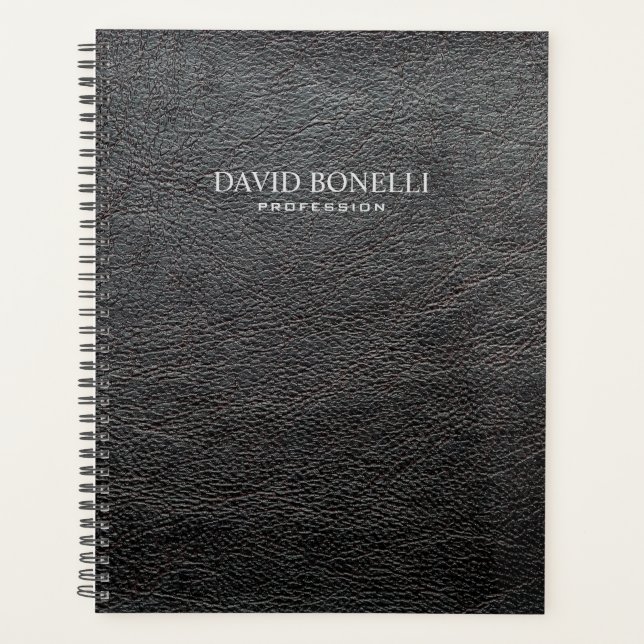 Personalized Elegant Black Leather Masculine Planner (Front)