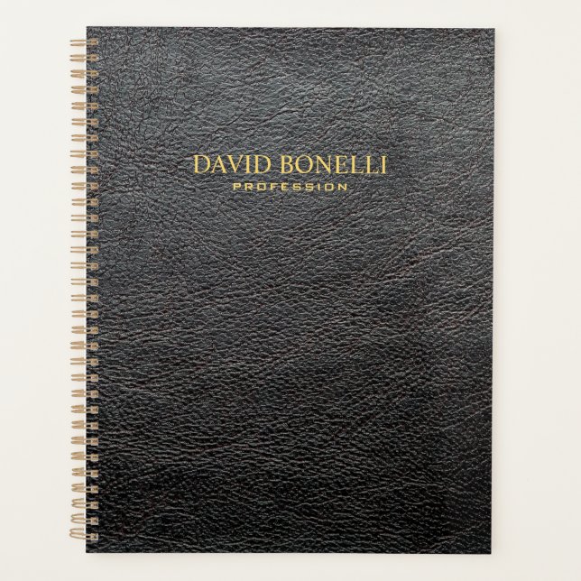 Personalized Elegant Black Leather Masculine Planner (Front)