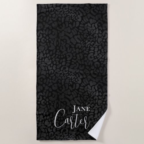 Personalized Elegant Black Leopard Beach Towel