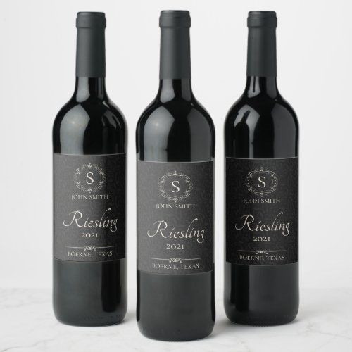 Personalized Elegant Black  Monogrammed Wine Label