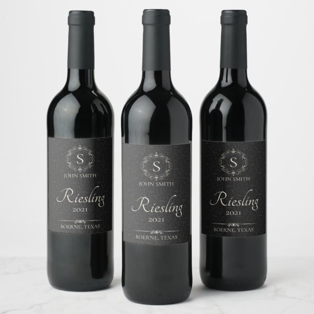 Personalized Elegant Black  Monogrammed Wine Label (Bottles)