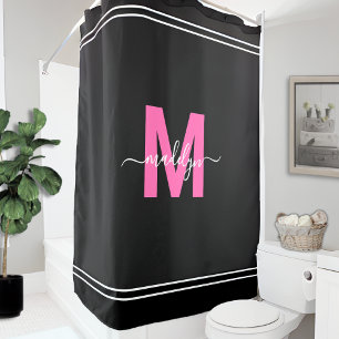 Personalized Elegant Black Pink Name Monogram Shower Curtain