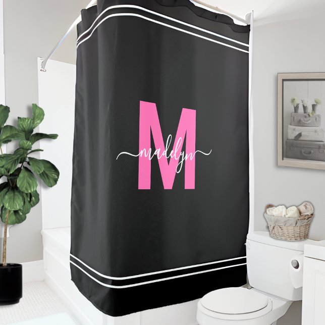Personalized Elegant Black Pink Name Monogram Shower Curtain (Personalized Elegant Black Pink Name Monogram Shower Curtain )