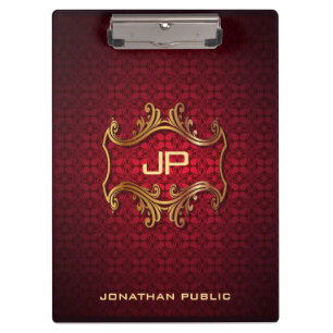 Personalized Elegant Black Red Damask Monogram Clipboard
