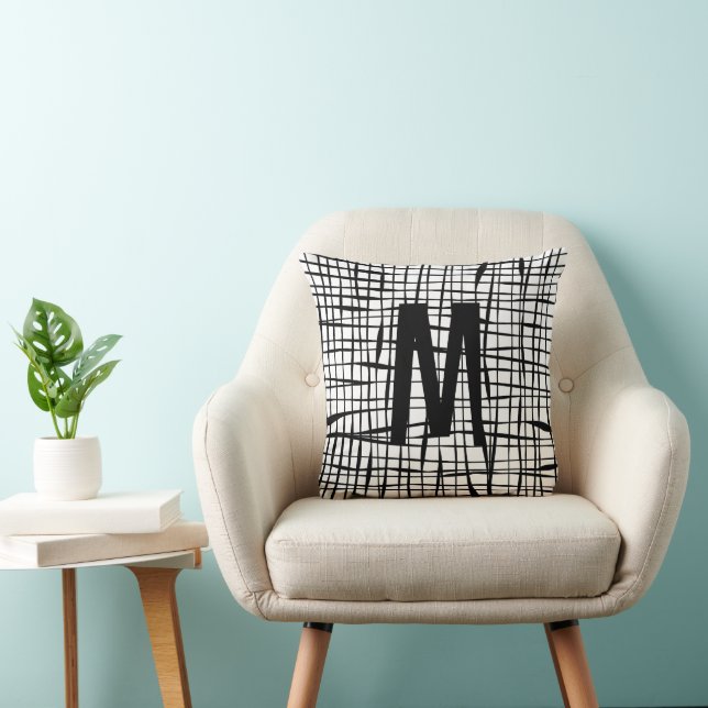 Personalized Elegant Black White Abstract Line Art Throw Pillow (Chair)