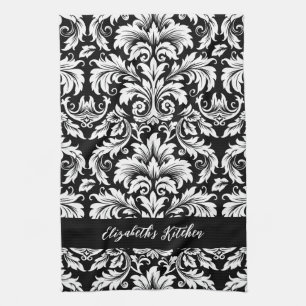 Personalized Elegant Black White Damask Kitchen Towel