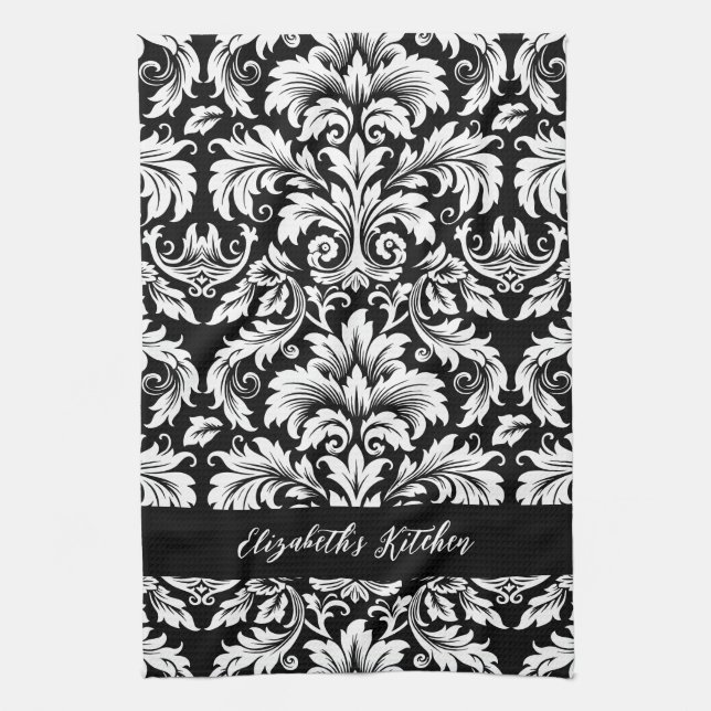 Personalized Elegant Black White Damask  Kitchen Towel (Vertical)