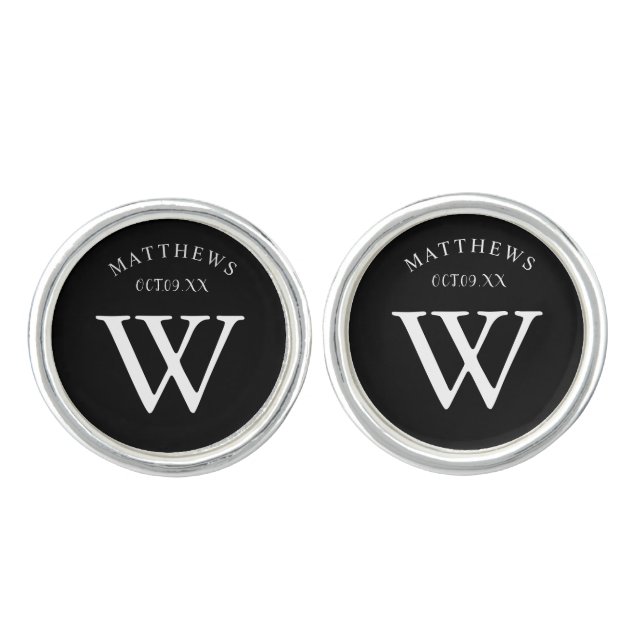 Personalized Elegant Black white Monogram Name Cufflinks (Front)