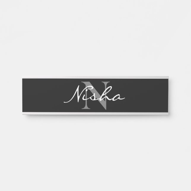 Personalized Elegant Black White Monogram Name Door Sign (Front)