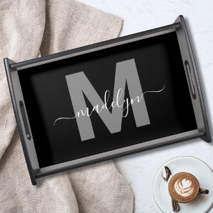 Personalized Elegant Black White Monogram Serving Tray