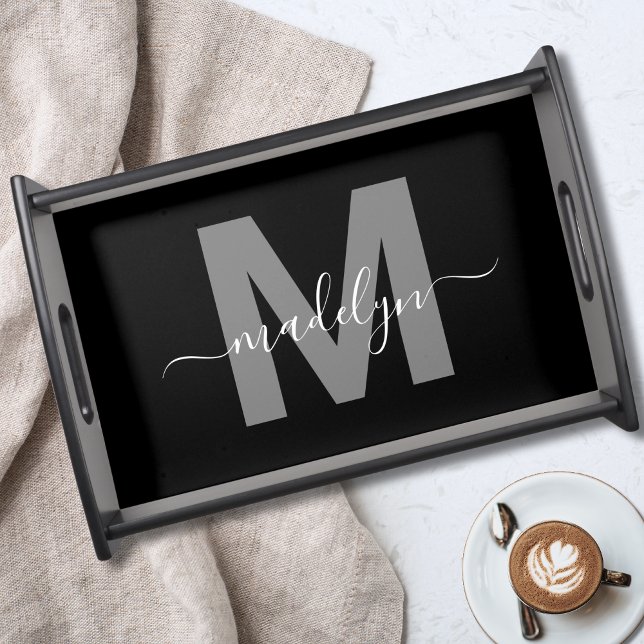 Personalized Elegant Black White Monogram Serving Tray (Personalized Elegant Black White Monogram Serving Tray)
