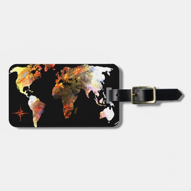 Personalized | Elegant Black World Map Luggage Tag (Front Horizontal)