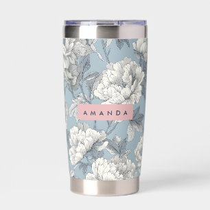 Personalized Elegant Blue and Cream Peony Floral Insulated Tumbler