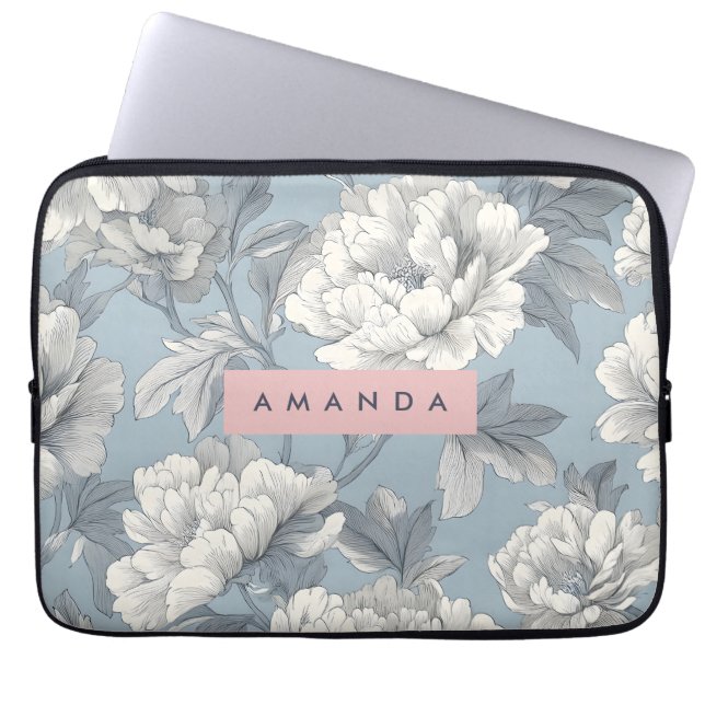 Personalized Elegant Blue and Cream Peony Floral  Laptop Sleeve (Front)