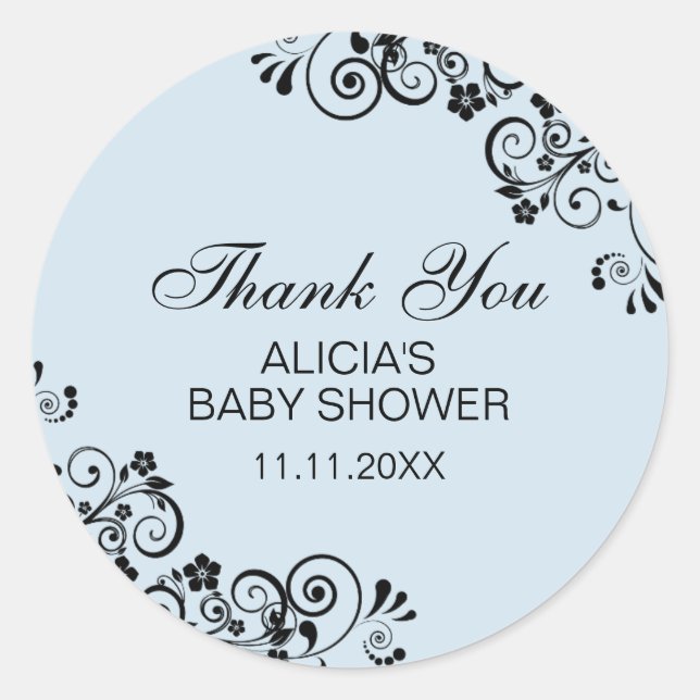 Personalized Elegant Blue Baby Shower Thank You Classic Round Sticker (Front)