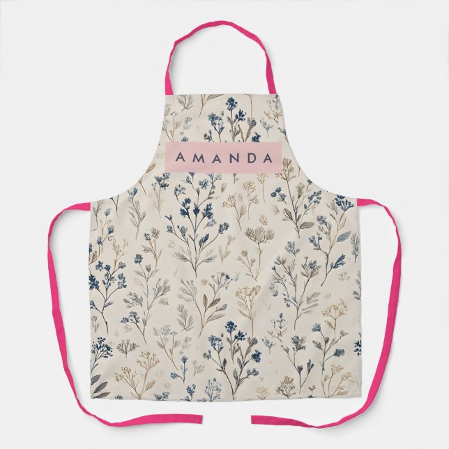 Personalized Elegant Blue & Beige Wildflower Apron (Front)