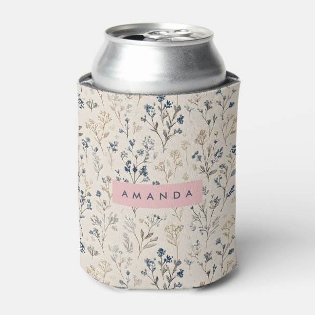 Personalized Elegant Blue & Beige Wildflower Can Cooler (Can Front)