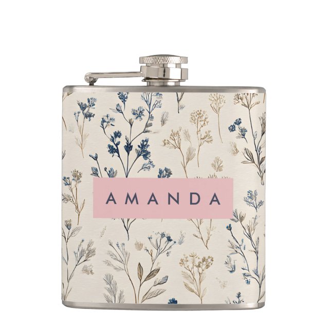 Personalized Elegant Blue & Beige Wildflower Flask (Front)