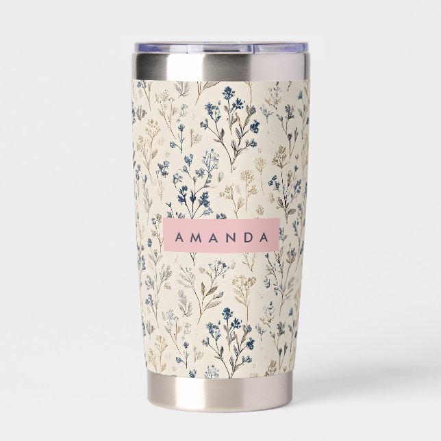 Personalized Elegant Blue & Beige Wildflower Insulated Tumbler (Front)