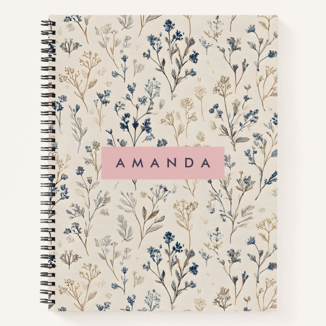 Personalized Elegant Blue & Beige Wildflower Notebook (Front)