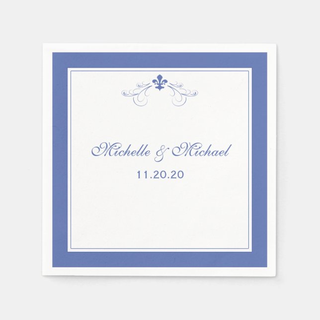 Personalized Elegant Blue Fleur de Lis Paper Napkins (Front)