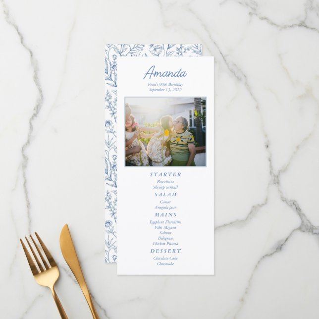 Personalized Elegant Blue Floral Birthday Menu (Front/Back In Situ)