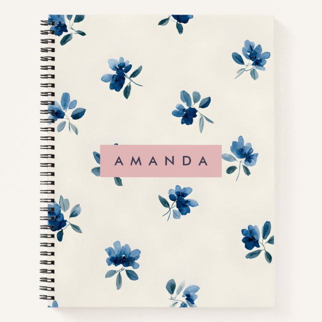 Personalized Elegant Blue Floral Design Notebook (Front)