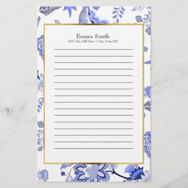 Personalized Elegant Blue Floral Stationery (Front)