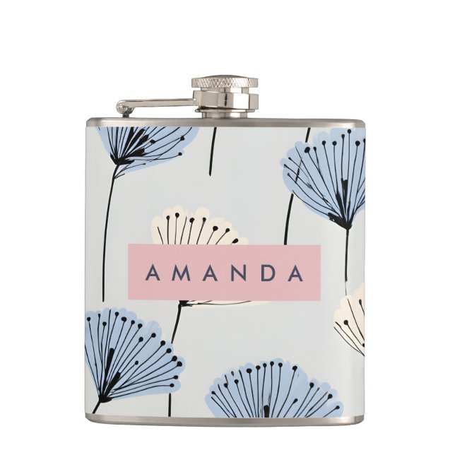 Personalized Elegant Blue Flower Illustration Flask (Front)