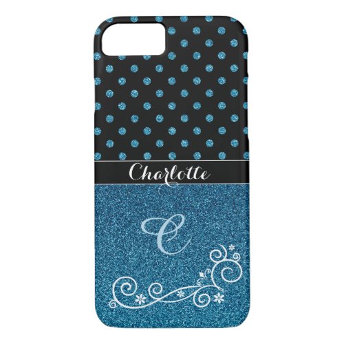 Personalized Elegant Blue Glitter Monogram Name iPhone 87 Case