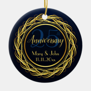 Personalized Elegant blue gold Anniversary Ceramic Ornament
