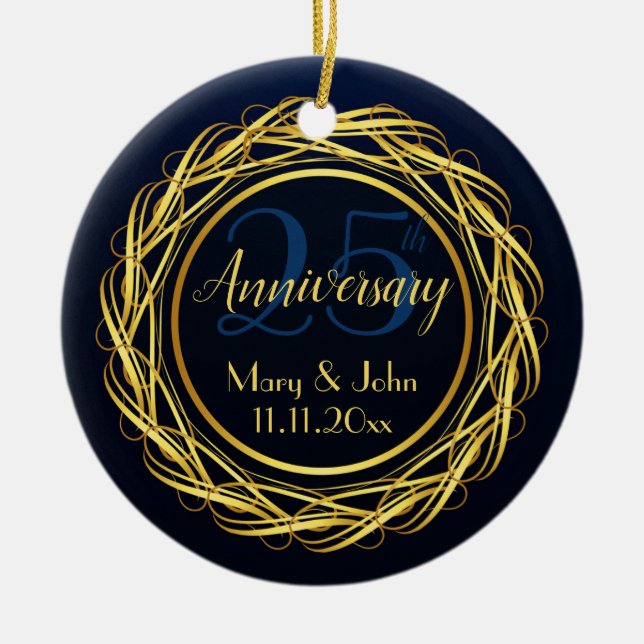 Personalized Elegant blue gold Anniversary Ceramic Ornament (Front)
