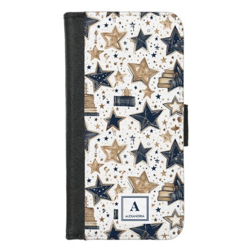 Personalized Elegant Blue  Gold Stars Pattern11 iPhone 87 Wallet Case