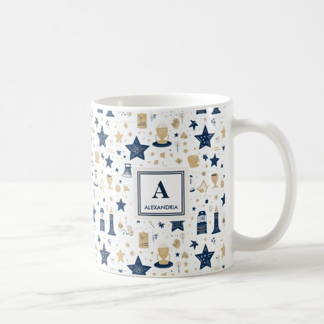 Personalized Elegant Blue & Gold Stars Pattern(12) Coffee Mug (Right)