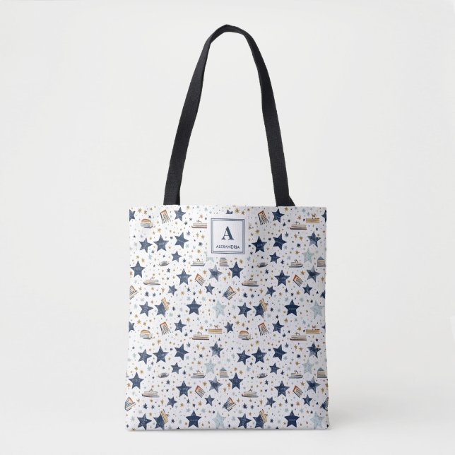 Personalized Elegant Blue & Gold Stars Pattern (3) Tote Bag (Front)