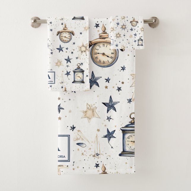 Personalized Elegant Blue & Gold Stars Pattern (4) Bath Towel Set (Insitu)