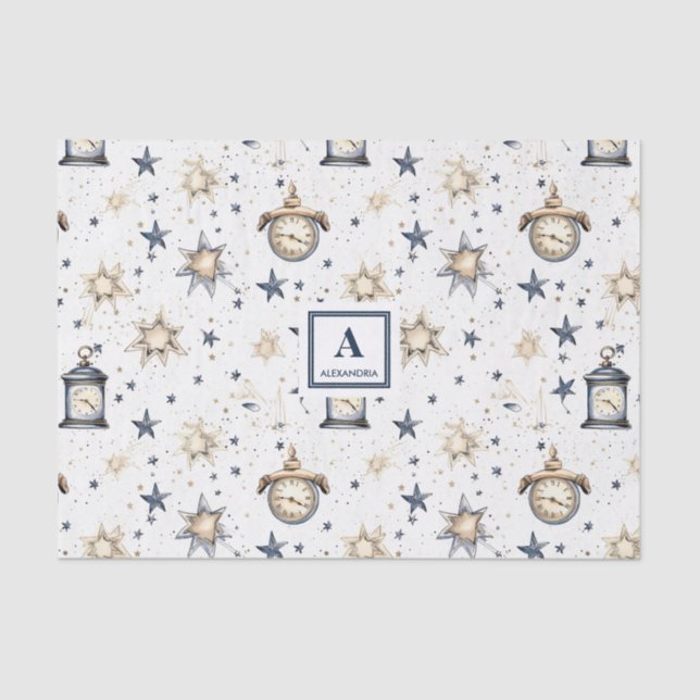 Personalized Elegant Blue & Gold Stars Pattern (4) Tissue Paper (Front)